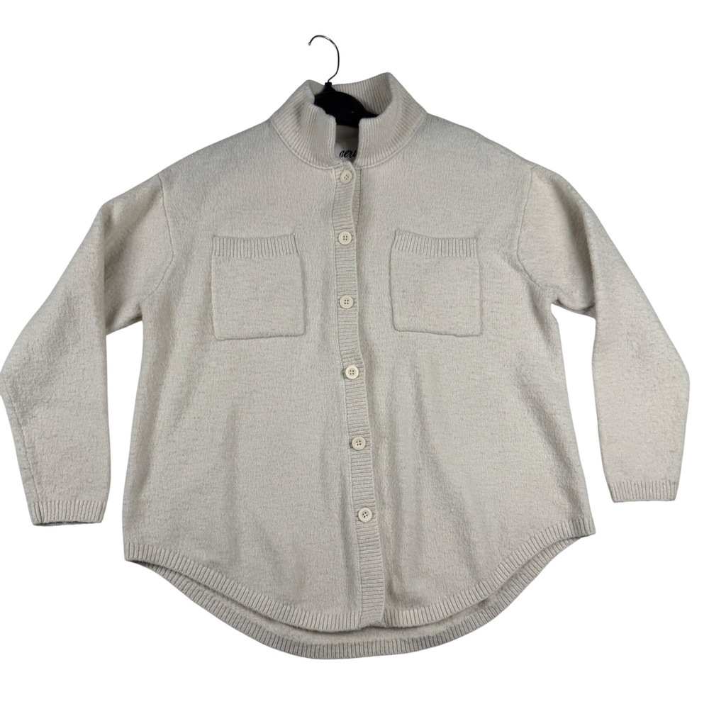 Aerie Button Up Cardigan XXS Cream Mock Neck Minimalist Cozy Knit Sweater